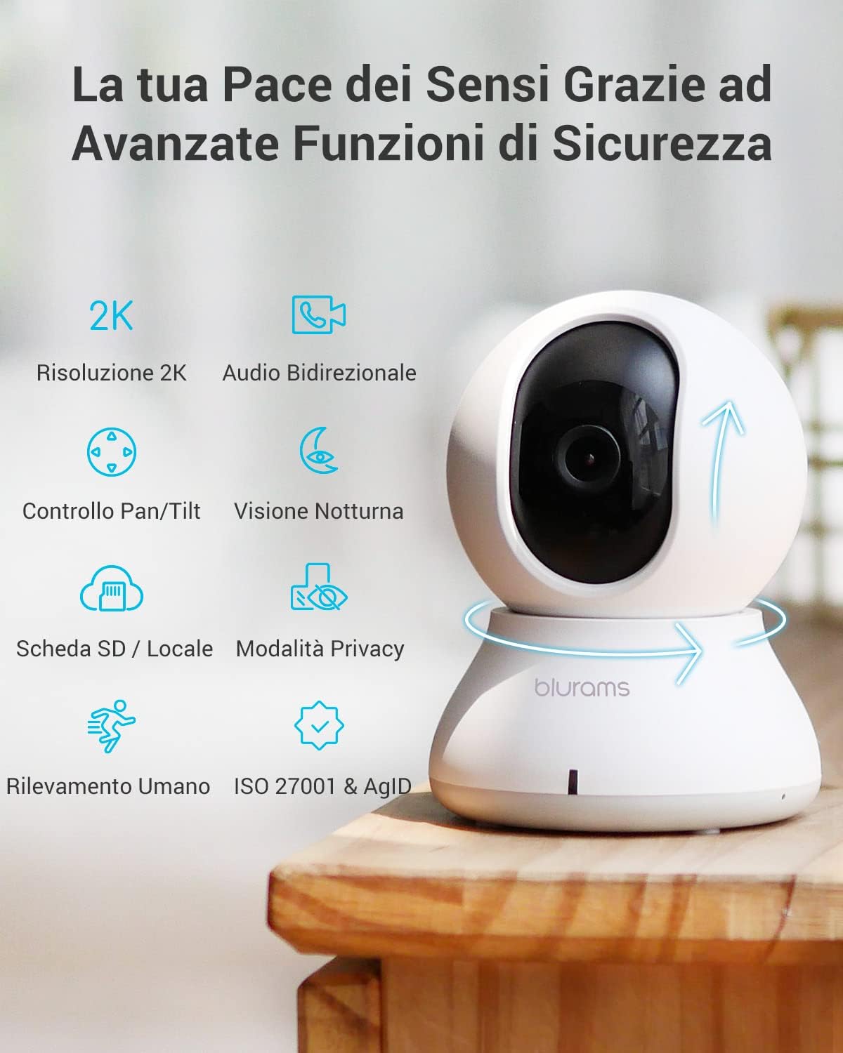 videocamera WiFi Videocamera WiFi 2K Blurams: Sorveglianza Interna 360°, Visione Notturna immagine 2